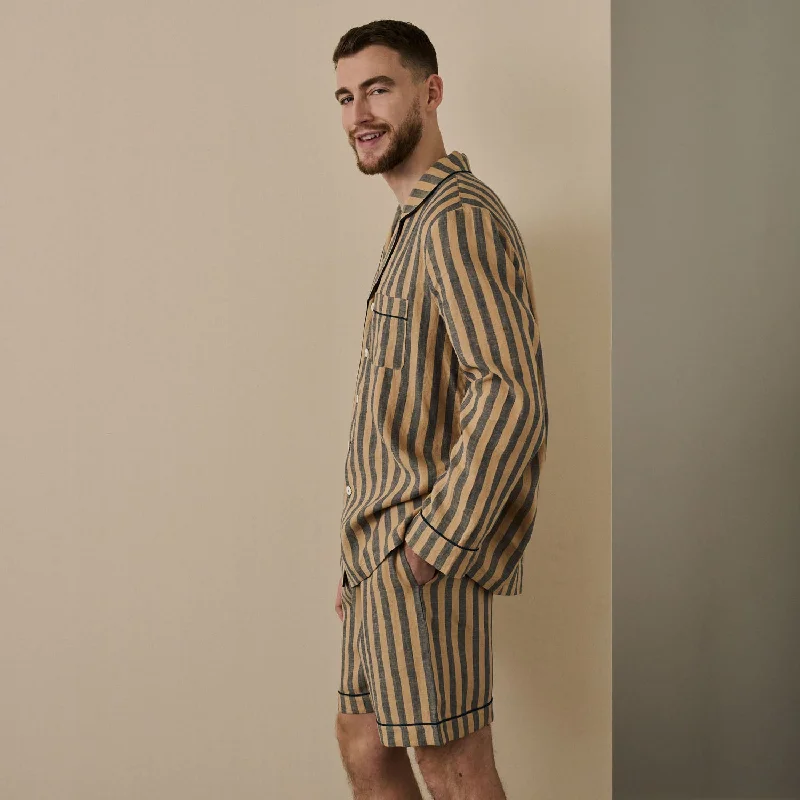 Blue & Porcini Striped Linen Men's PJ Short Set