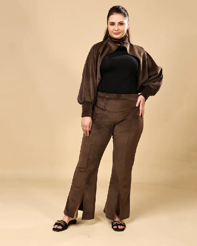 Brown Solid Cover Up with Pants Set-Brown