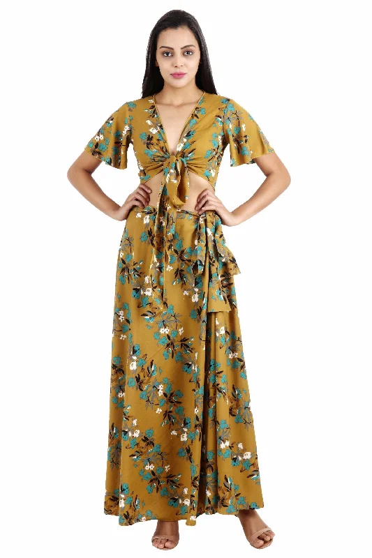 Mustard Floral Printed Top with Wrap Around Skirt