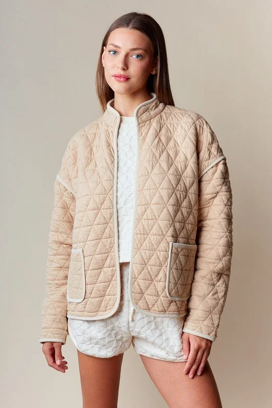 College JacketsAmy Long Sleeve Open Front Quilted Shacket Taupe