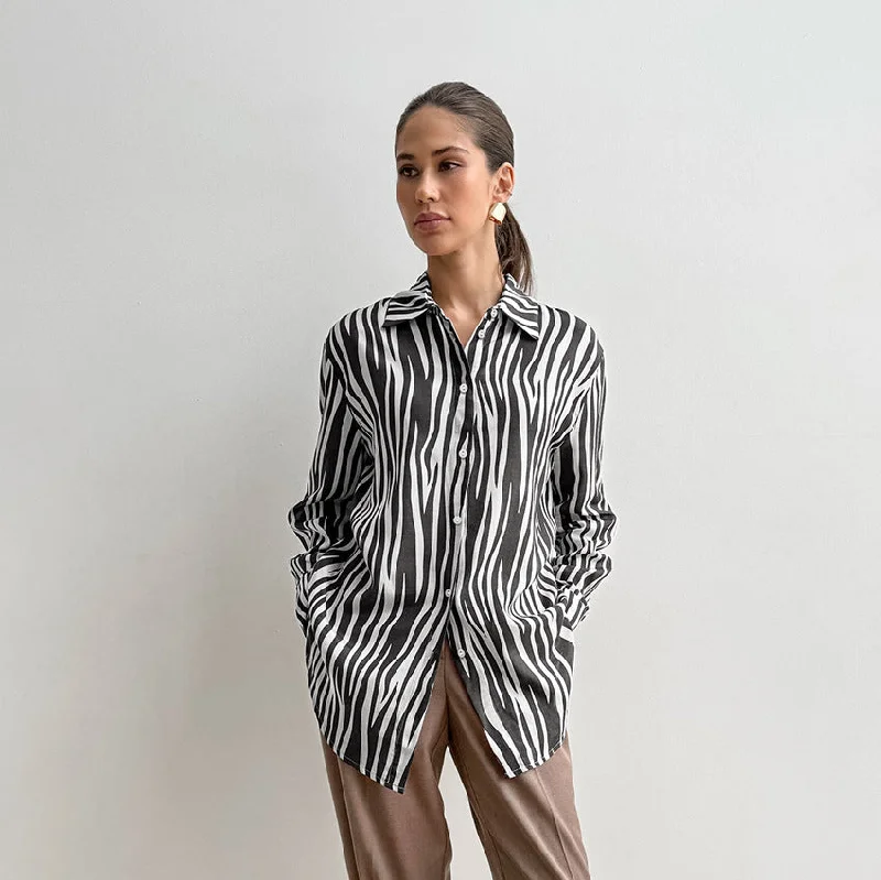 Autumn Printed All Matching Zebra Print Loose Collared Long Sleeves Shirt Russian Classic Retro Shacket WomenAsymmetrical Shirts