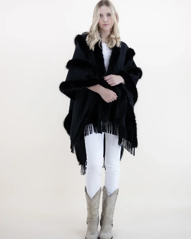 Ruffled JacketsBlack Vegan Fur Trim Cape