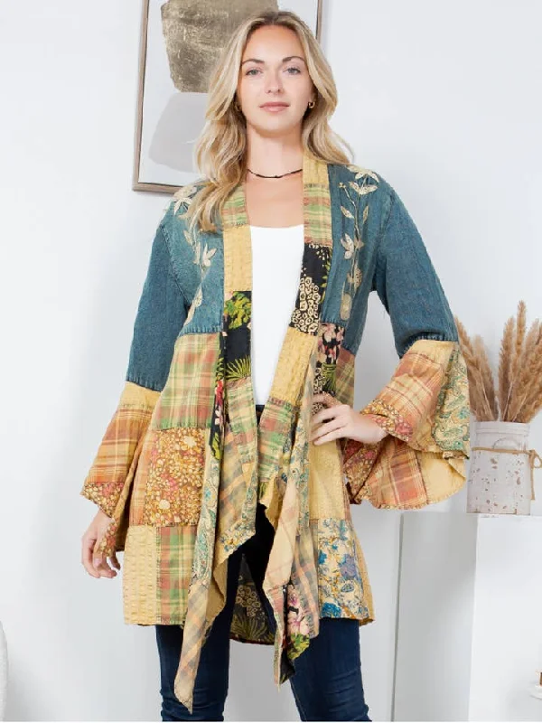 Ski JacketsDenim Embroidered Patchwork Kimono