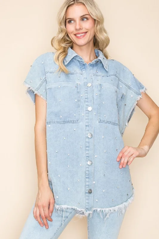 Cultural JacketsDenim Short Sleeve Top w/Rhinestones & Raw Hem