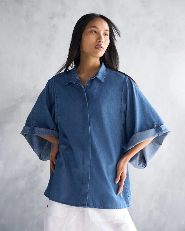 Drop Armhole Shirt - BlueCropped Shirts