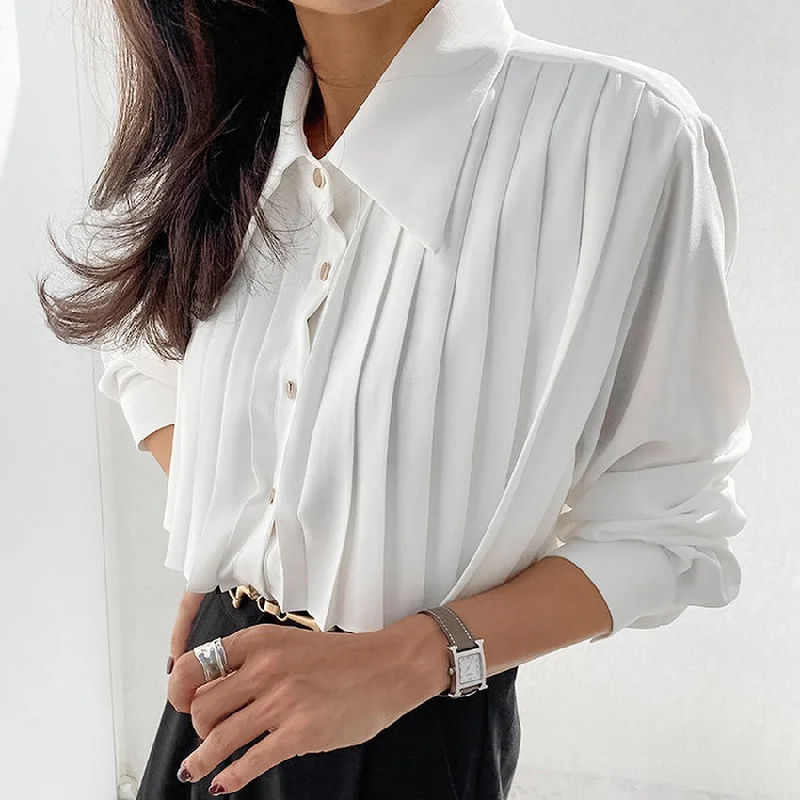 Fall French Casual Elegant Chiffon White Niche Pleated Advanced Feeling Tong Qin Long Sleeve Women ShirtLeather-Paneled Shirts