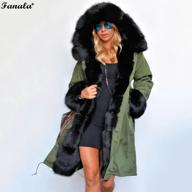 Embellished JacketsFANALA 2018 Fashion Women's  Faux Fur Lining Hooded Long Coat Parkas Outwear Army Green Large Raccoon Fur Collar Winter Jacket