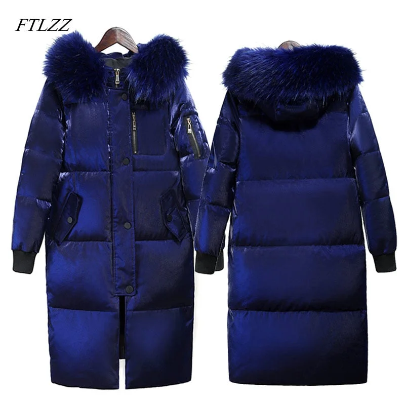 Outdoor JacketsFTLZZ Winter Long Down Jacket Women Big Fur Collar Hooded White Duck Down Long Parkas Coat Female Slim Snow Outerwear