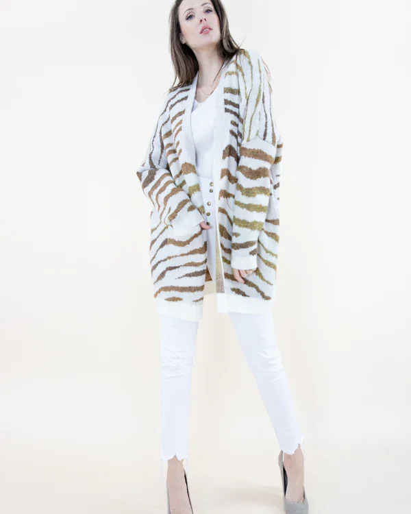 Band Merch JacketsGold & White Tiger Print Cardigan w/ Pockets