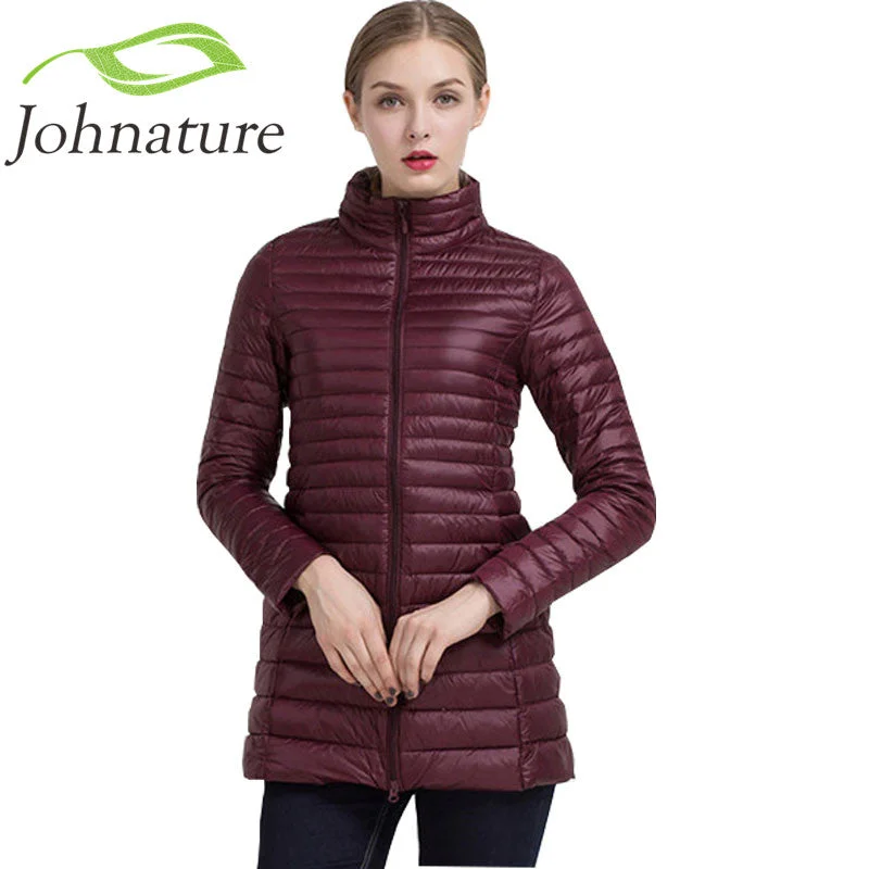 Fishing JacketsJohnature 2018 Winter Warm New Women Long Thin Down Jacket Slim Korean Stand Collar White Duck Down Zipper Long Coat S-4XL