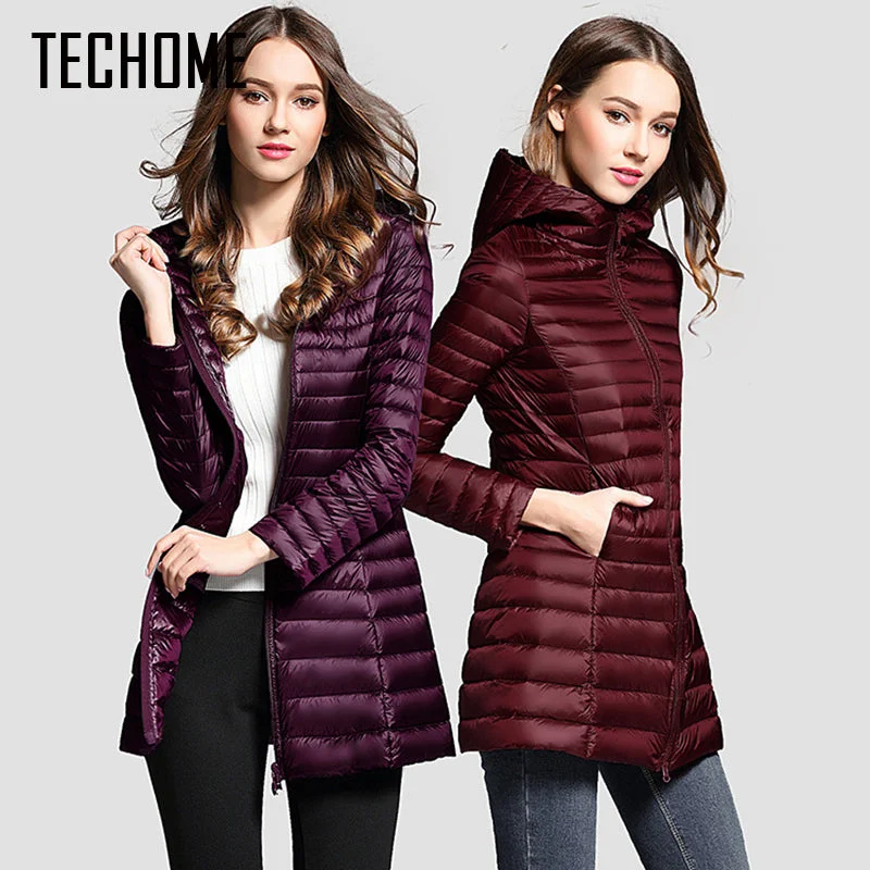 Faux Leather JacketsLong Down Jacket Women Winter Down Coats Ultra Light Down Jacket Quilted Hooded Coat Women Duck Downs Jacket Coat