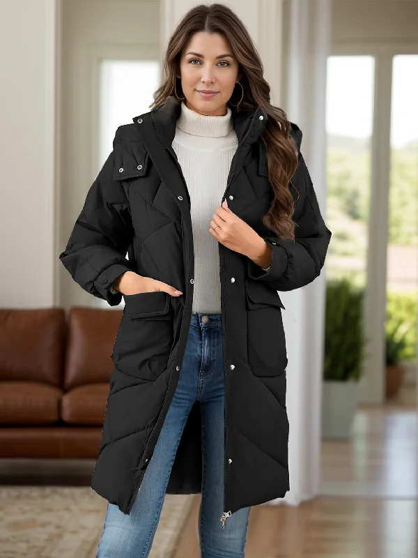 Quilted JacketsLong Sleeve Longline Hooded Winter Coat with Pockets