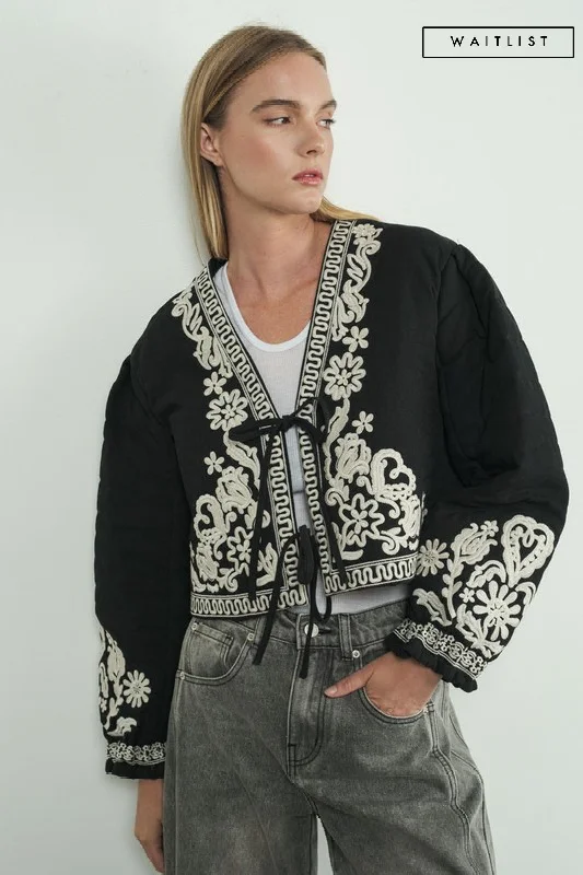 WindbreakersWaitlist 11/18 ♥ Lori Long Sleeve Floral Embroidered Front Tie Quilted Shacket Black