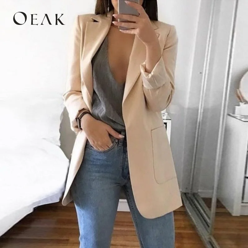 Pea CoatsOEAK Spring Autumn Slim Fit Women Jackets Pockets Office Work Jacket Coat Elegant Business Lady chaquetas mujer invierno 2019