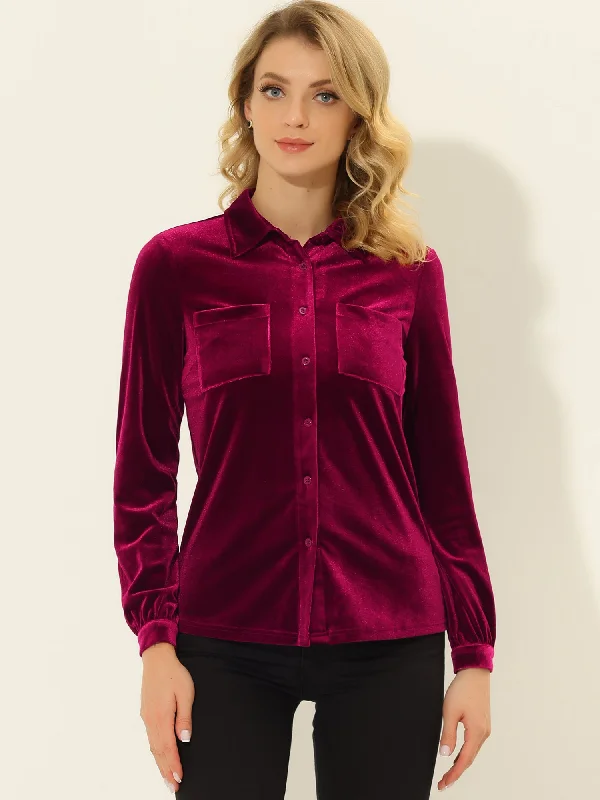 Pocket Front Velvet Blouse Long Sleeve Casual Button Down ShirtOversized Shirts