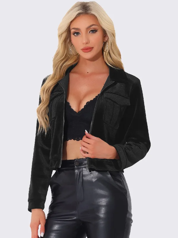 Layered JacketsCollar Velvet Long Sleeve Zip Up Cropped Casual Jackets