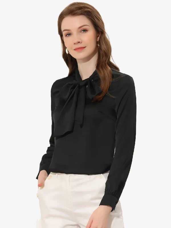 Satin Blouse Bow Tie Neck Solid Work Office ShirtCropped Shirts