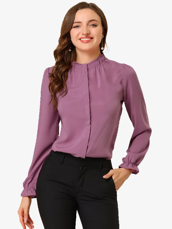 Work Office Blouse Button Up Ruffle Collar Long Sleeve Chiffon ShirtFringed Shirts