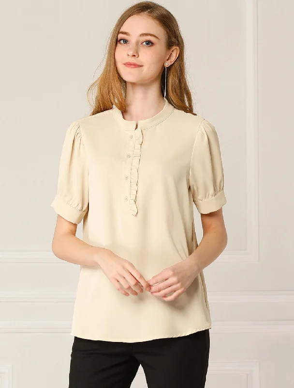 Work Office Top Puff Sleeve Half Placket Ruffled Shirt BlouseAthletic Shirts