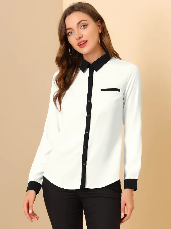 Contrast Collar Shirt Chiffon Long Sleeve Work Office BlouseCamping Shirts