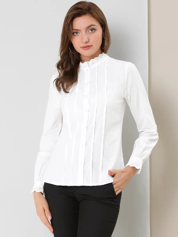 Mock Neck Lace Trim Pleated Button Down Work Office Blouse ShirtOutdoor Shirts