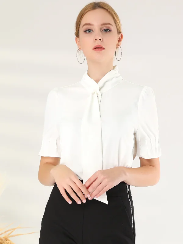 Tie Neck Work Top Puff Sleeve Blouse Eleagnt Button Down Shirt