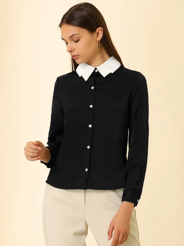 Work Tops Long Sleeve Contrast Collar Satin Button Down ShirtLounge Shirts