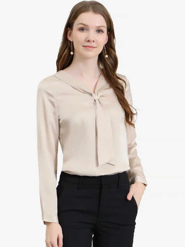 Satin Tie Neck Long Sleeve Solid Color Elegant Office Work Shirt TopHemp Shirts