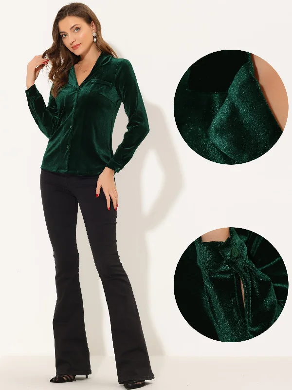 Velvet Blouse Collared Long Sleeve Button Down Shirt TopMesh Shirts