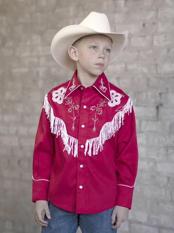 Rockmount Kids Boys Red 100% Cotton Embroidered Fringe L/S ShirtSilk Shirts