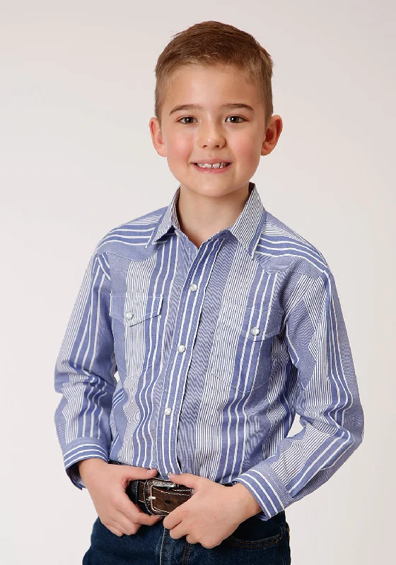 Roper Boys Blue/White Cotton Blend Wide Stripe L/S ShirtRibbed Cuff Shirts