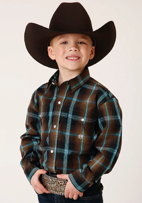 Roper Boys Dark Chocolate 100% Cotton Plaid L/S ShirtDenim Shirts