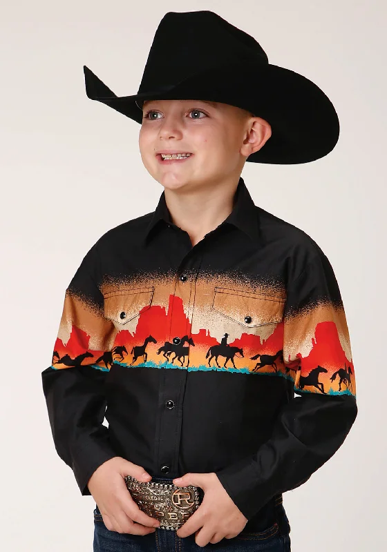 Roper Boys Kids Black 100% Cotton Red Mesa Scenic L/S ShirtFitted Shirts