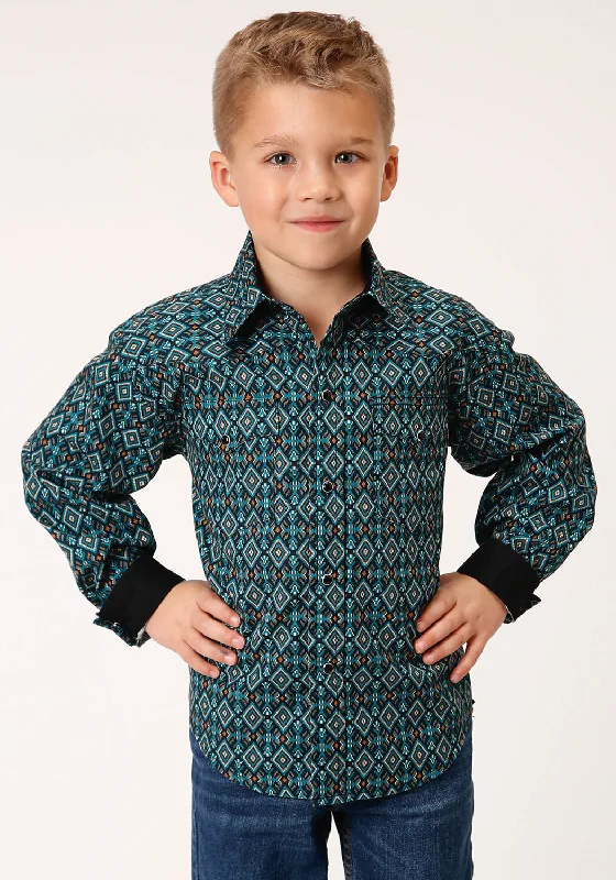 Roper Boys Kids Black/Green 100% Cotton Diamond Aztec L/S ShirtCollege Shirts