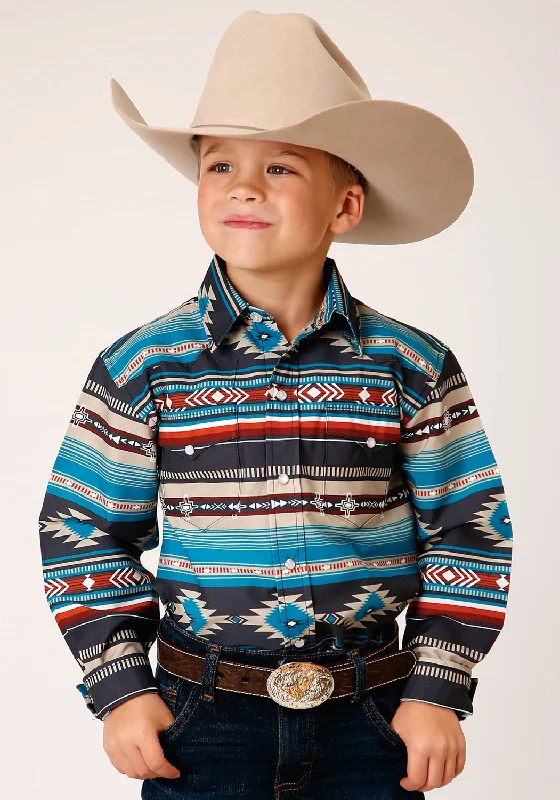 Roper Boys Kids Blue 100% Cotton Aztec Blanket Print L/S ShirtQuick-Dry Shirts