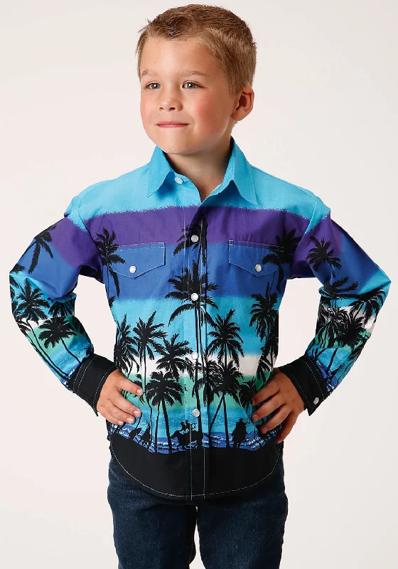 Roper Boys Kids Blue 100% Cotton Beach Roundup Border L/S ShirtFormal Shirts