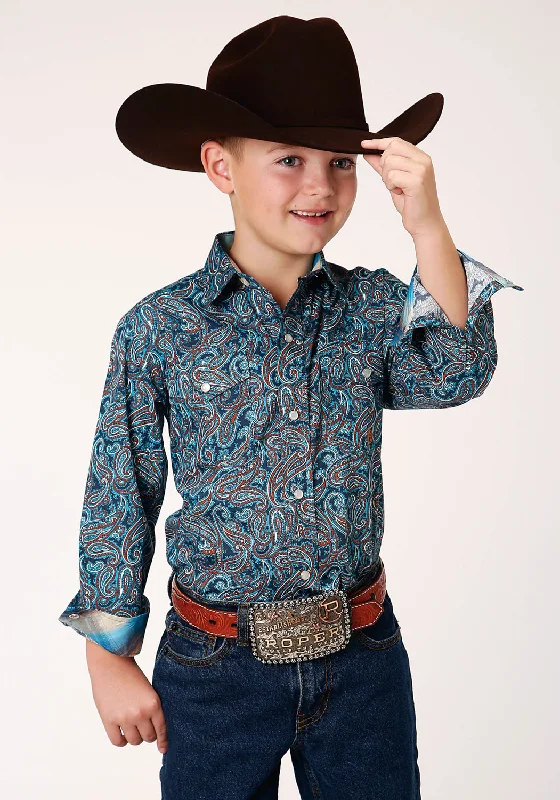 Roper Boys Kids Blue 100% Cotton Canyon Paisley L/S ShirtRayon Shirts