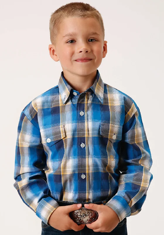 Roper Boys Kids Blue 100% Cotton Clear Sky Plaid BD L/S Button ShirtRetro Shirts