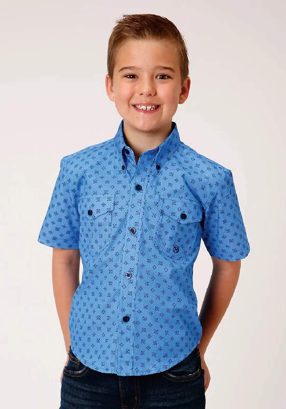 Roper Boys Kids Blue 100% Cotton Cottage Foulard BD S/S Button ShirtCropped Shirts