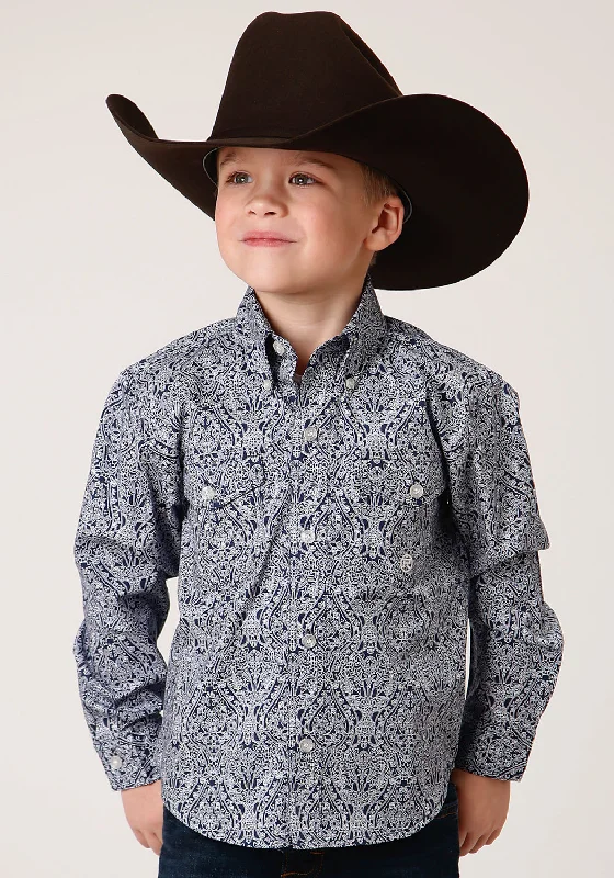 Roper Boys Kids Blue 100% Cotton Crystal Medallion BD L/S ShirtOutdoor Shirts