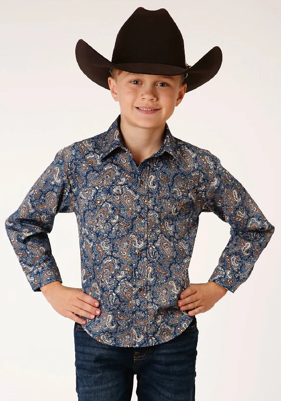 Roper Boys Kids Blue 100% Cotton River Paisley L/S ShirtButton-Up Shirts