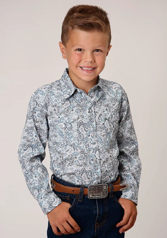 Roper Boys Kids Blue 100% Cotton Vintage Paisley L/S Snap ShirtButton-Up Shirts