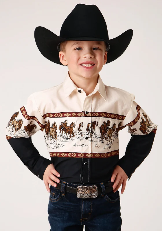 Roper Boys Kids Brown 100% Cotton Running Horse Border L/S ShirtPeplum Shirts