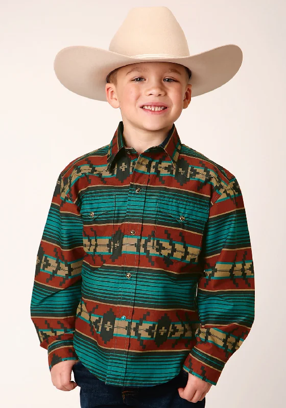 Roper Boys Kids Green/Brown 100% Cotton Ombre Aztec L/S Stripe ShirtBeaded Shirts