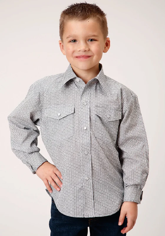 Roper Boys Kids Grey/White Cotton Blend Snap Print L/S ShirtAsymmetrical Shirts