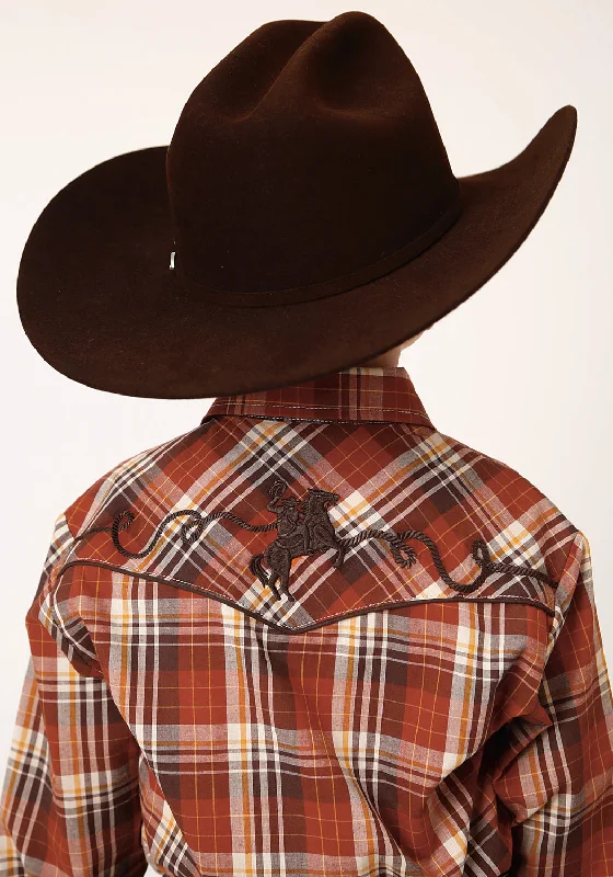 Roper Boys Kids Rust/Brown Cotton Blend Bronc Rider L/S Plaid ShirtThermal Shirts