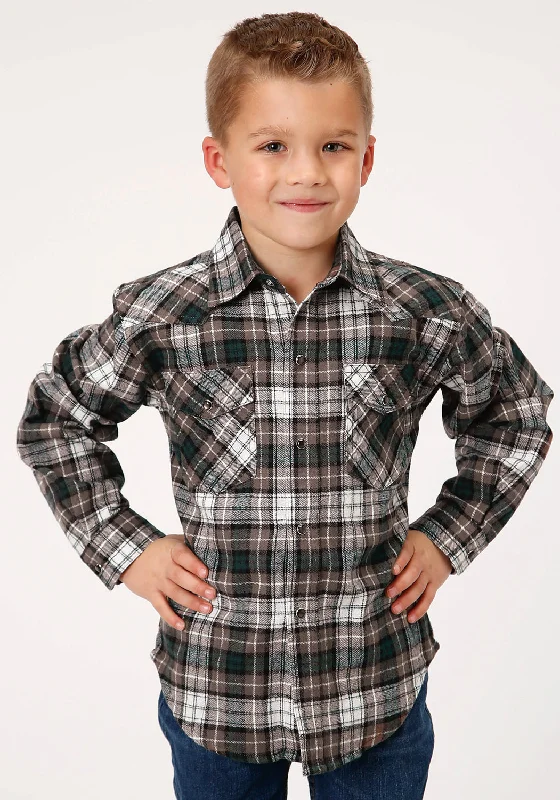 Roper Boys Kids Tan/Black 100% Cotton Unlined Flannel Plaid L/S ShirtArtist Shirts