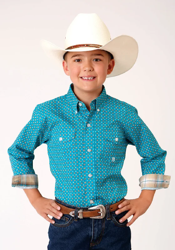 Roper Boys Kids Turquoise 100% Cotton Foulard BD L/S Button ShirtEmbellished Shirts