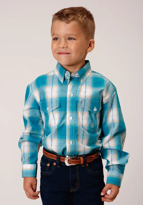 Roper Boys Kids Turquoise 100% Cotton Sand Ombre Plaid BD L/S ShirtOversized Shirts