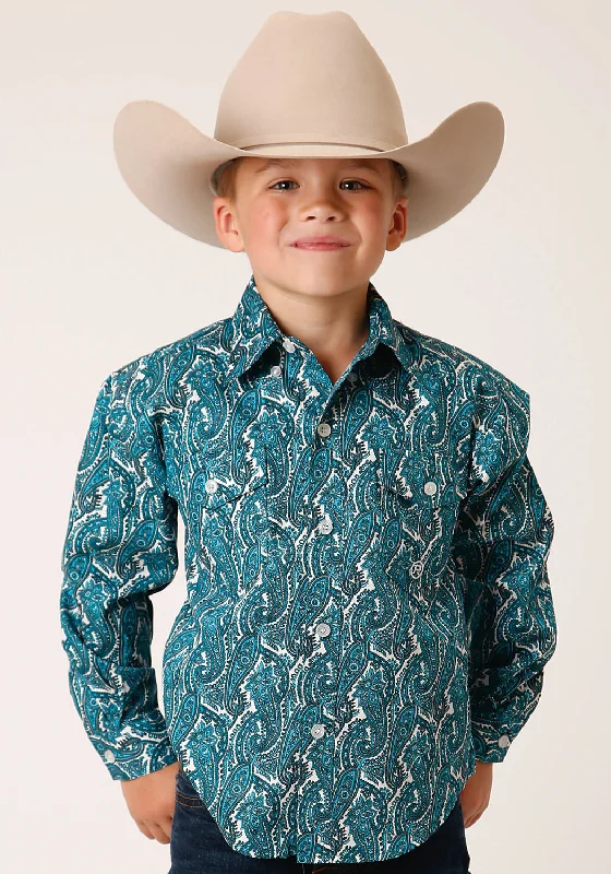 Roper Boys Kids Turquoise 100% Cotton Upstream Paisley BD L/S Btn ShirtCycling Shirts